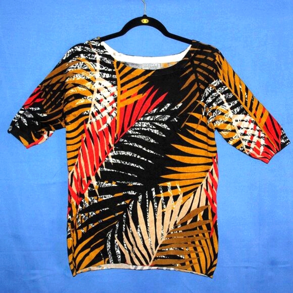 Joseph A. Tropical Print Knit Top - Women's Size M - Multicolor Palm Leaves